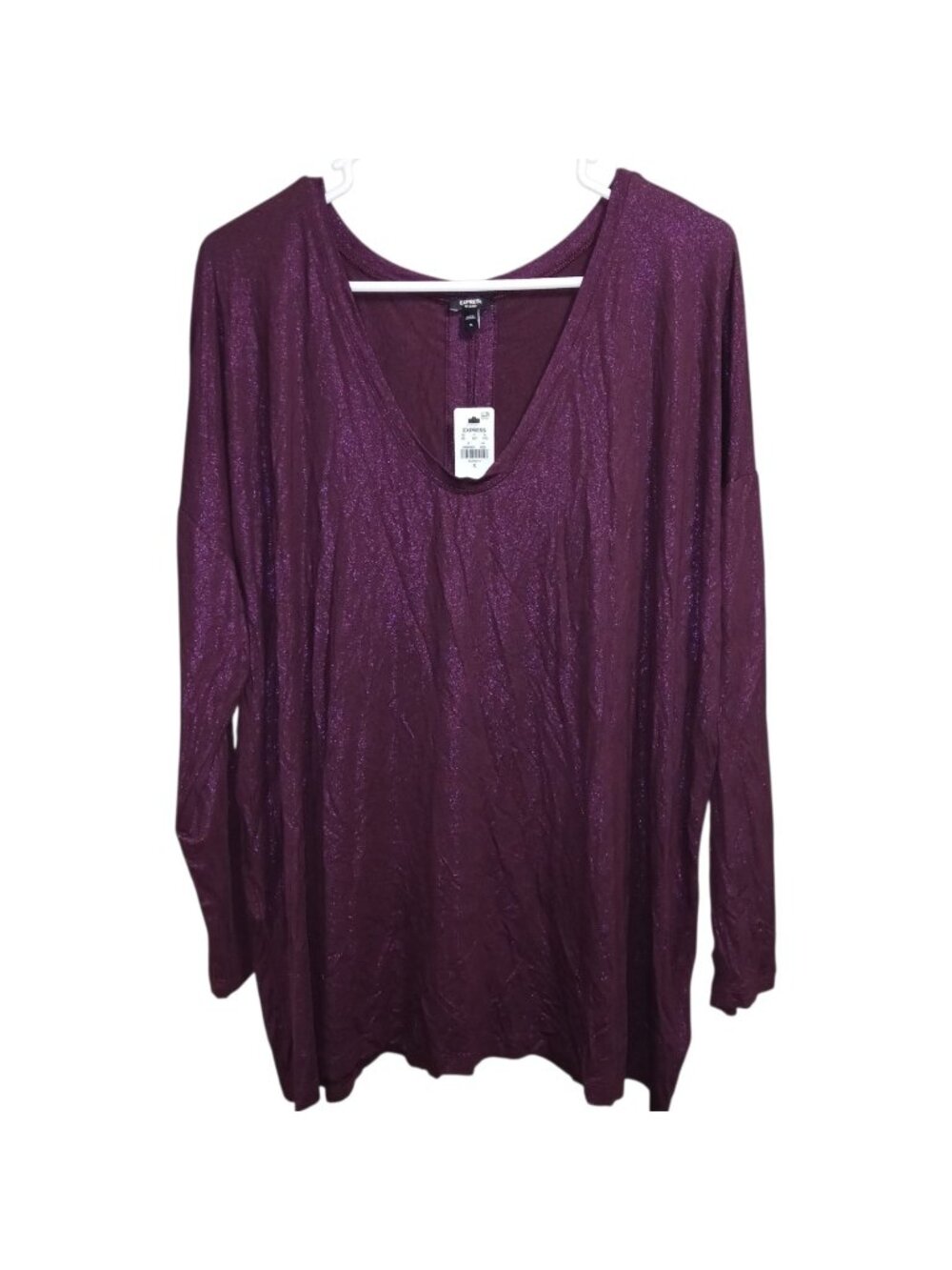 Express Women's XL Shirt Purple Metallic Shimmer Oversized V-Neck Tunic Top NWT